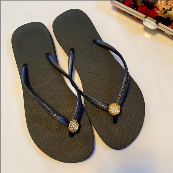 black jeweled flip flops